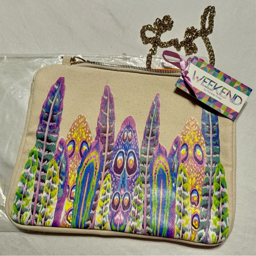 Weekend by Thursday Friday Feather Bag Chain Strap Canvas NWT